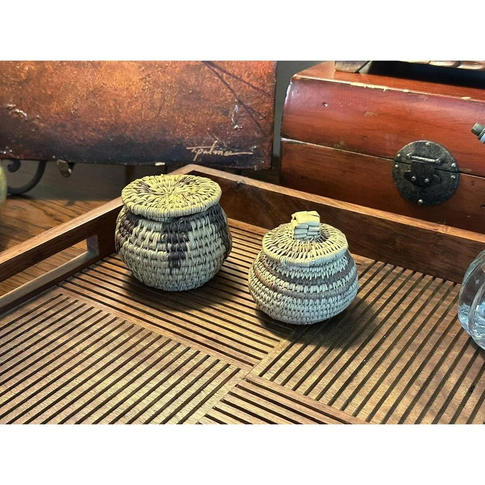 Set of Miniature Hand‑Woven Native American Lidded Baskets—Natural Fiber Baskets